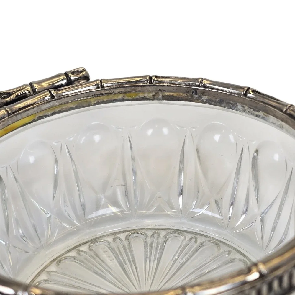 Vintage Reims France Cut Crystal Silverplate Bamboo Handle Serving Bowl